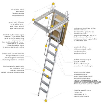 Scala retrattile riginda in 4 pezzi -misure cm 50-90 dettagli