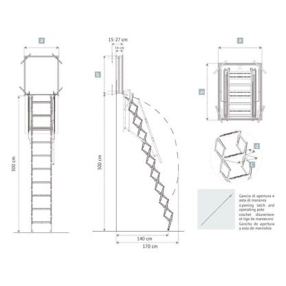 scala retrattile a pantografo da parete foro 70 x 70 misure